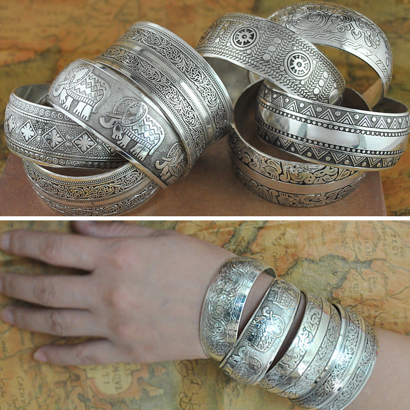Wholesale Tibetan silver ornaments carved open Miao silver elephant ethnic style wide bracelet retro bracelet