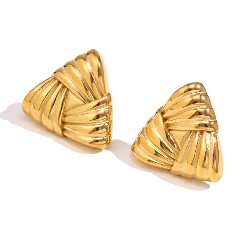 Wholesale Fashion Niche Temperament Retro Stainless Steel Plated 18K Gold Casting Stripes Wrapped Triangle Earrings