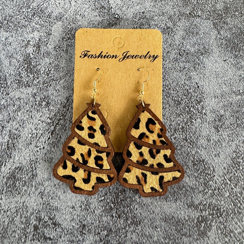 Wholesale Genuine Leather Christmas Tree Leopard Print Horse Hair Wood Inlay Cowhide Lightweight Western Earrings