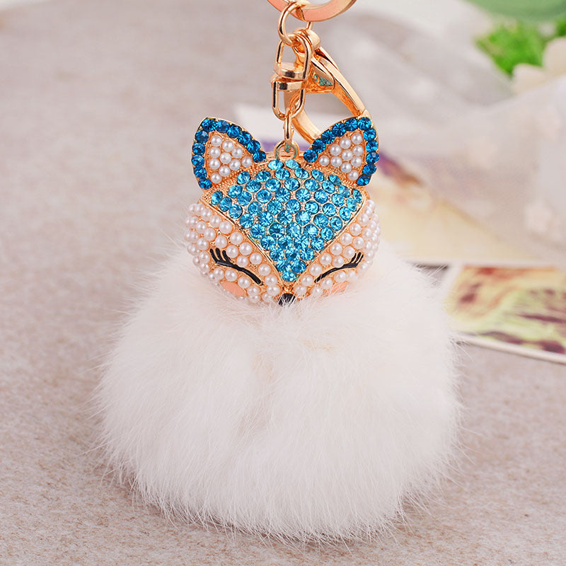 Wholesale Diamond Fox Head Rabbit Hair Hairball Zinc Alloy Keychains