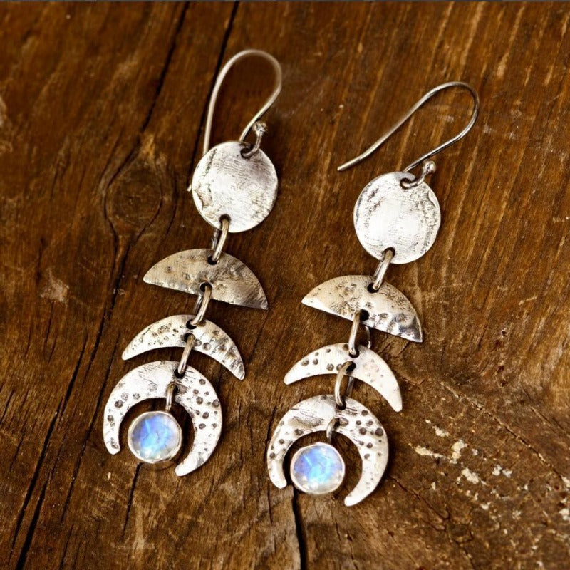 Wholesale Bohemian Retro Moon Phase Moonstone Long Women's Alloy Earrings