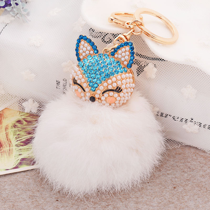 Wholesale Diamond Fox Head Rabbit Hair Hairball Zinc Alloy Keychains