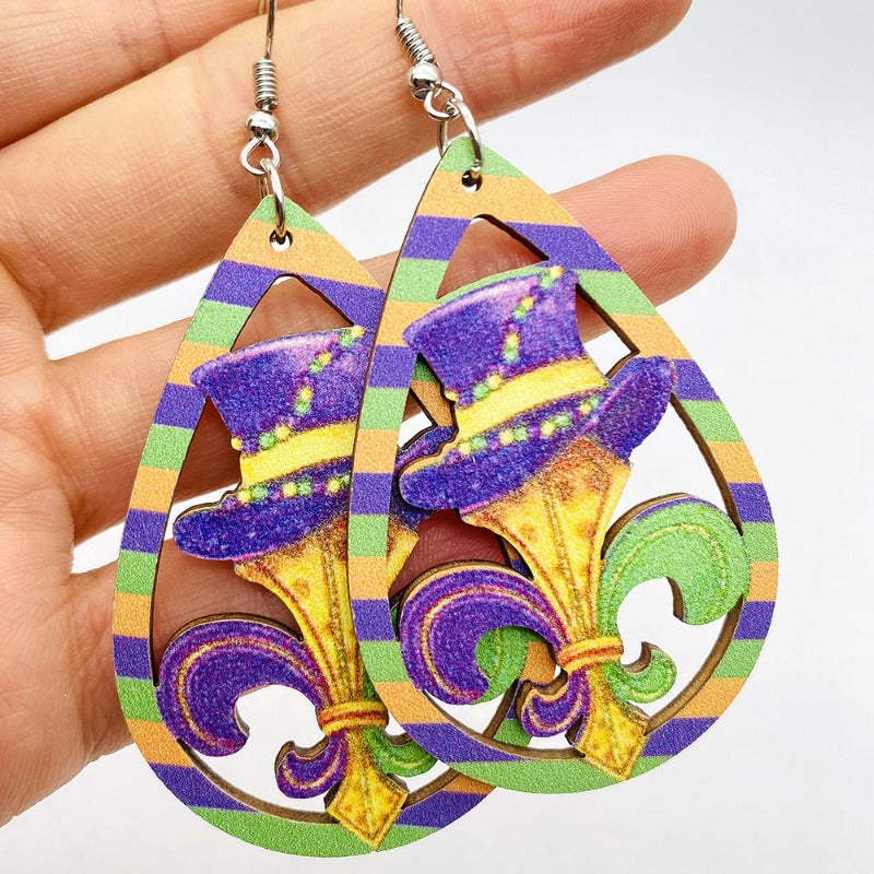 Wholesale Colorful Festival Exaggerated Mask Water Drop Hollow Wooden Earrings