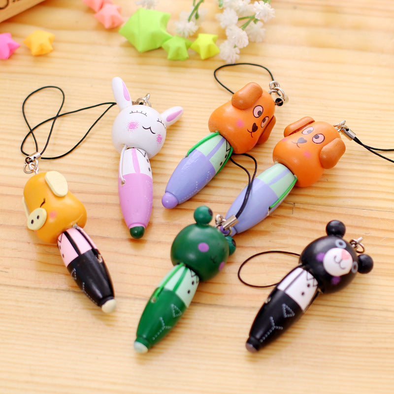 Wholesale Wooden Cartoon Animal Rollerball Pen Wooden Mobile Phone Pendant