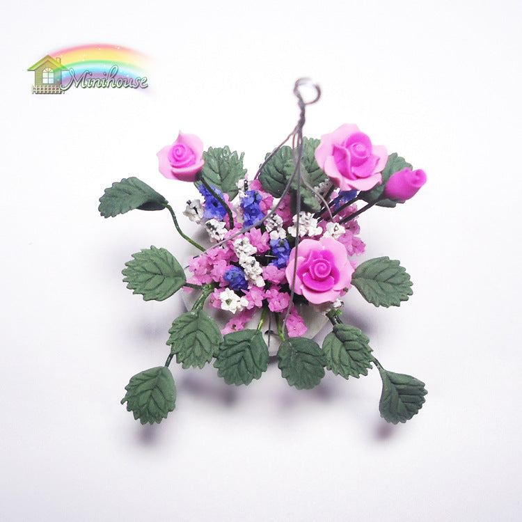 Wholesale 1:12 Dollhouse Mini Clay Pink Rose Hanging Flower Pot Model