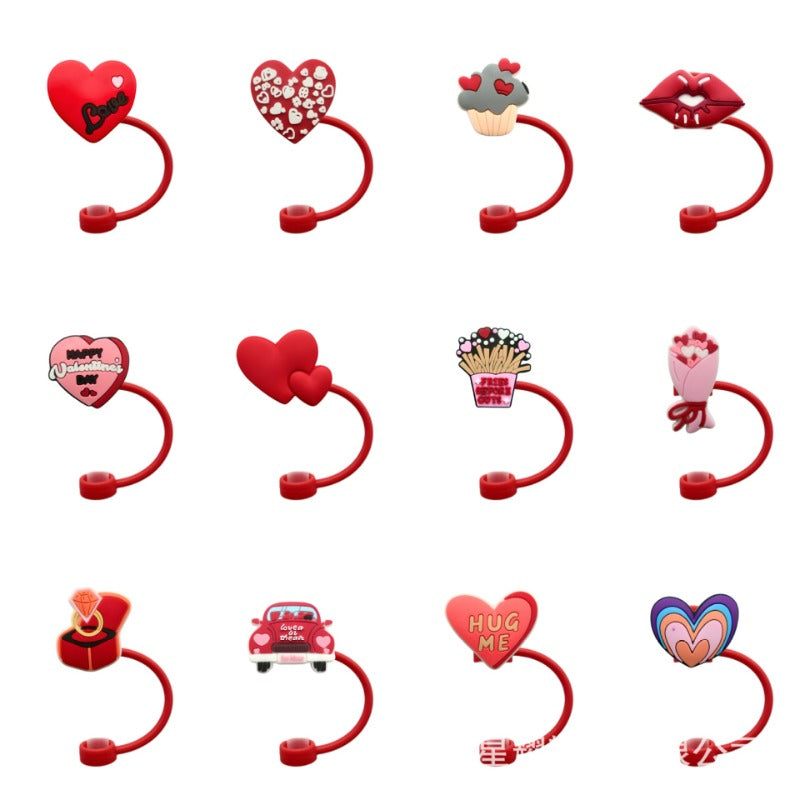 Wholesale 10pcs Valentine's Day Love Silicone Dustproof Red 8/10mm Straw Cover