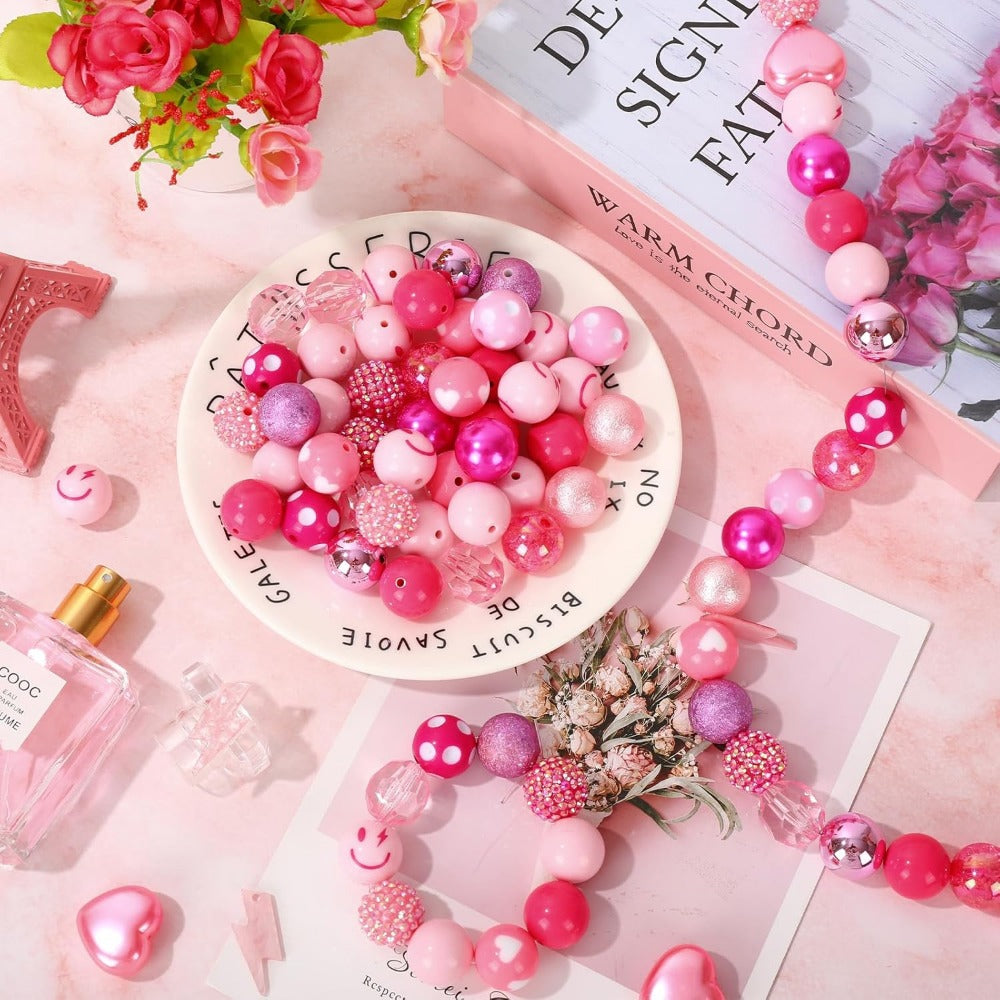 Wholesale Whaline 50Pcs 20mm Mixed Preppy Heart Bubblegum Beads 16 Styles Pink White Spacer Bead Chunky Beads Set Jumbo Plastic Beads for Crafts and Jewelry Making Boutique DIY Craft Supplies