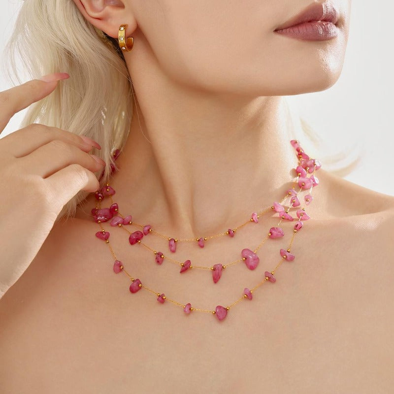 Wholesale Bohemian Pink Natural Stone Light Luxury Handmade Clavicle Necklace Bracelet Stainless Steel Women's Exquisite Set