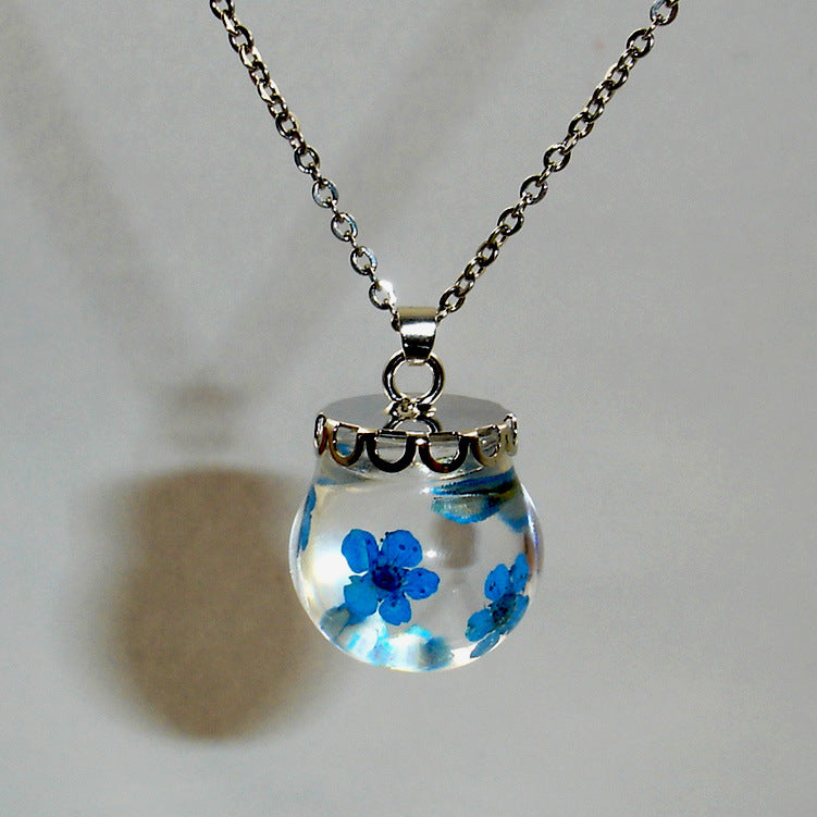 Wholesale 6pcs Blue Forget-me-not Spherical Resin Drop Glue Real Flower Necklace