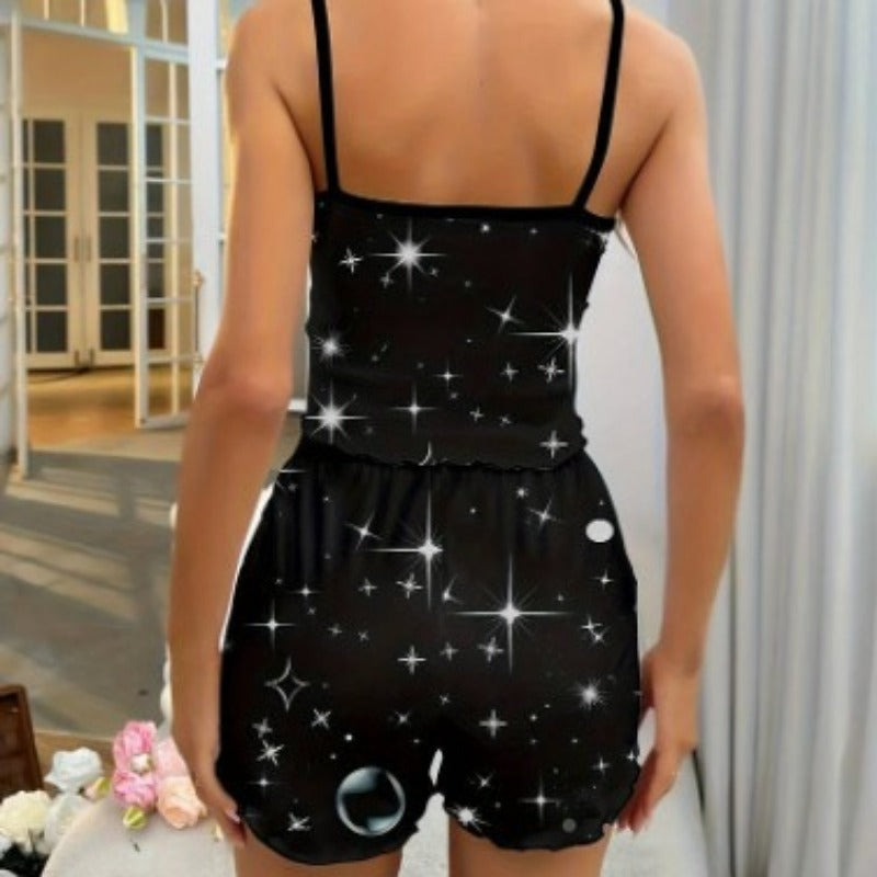 Wholesale Starry Sky Print Round Neck Suspender Shorts Pajamas