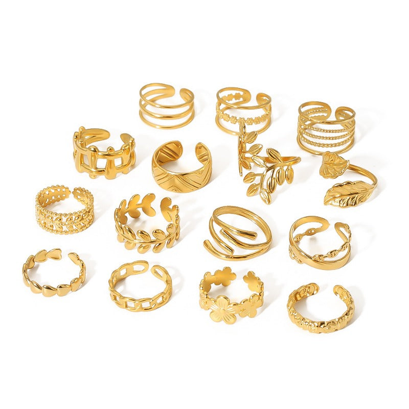Wholesale Simple Leaf Geometric Hollow Flower 18k Gold-plated Snake-shaped High-end Multi-layer Titanium Steel Rings