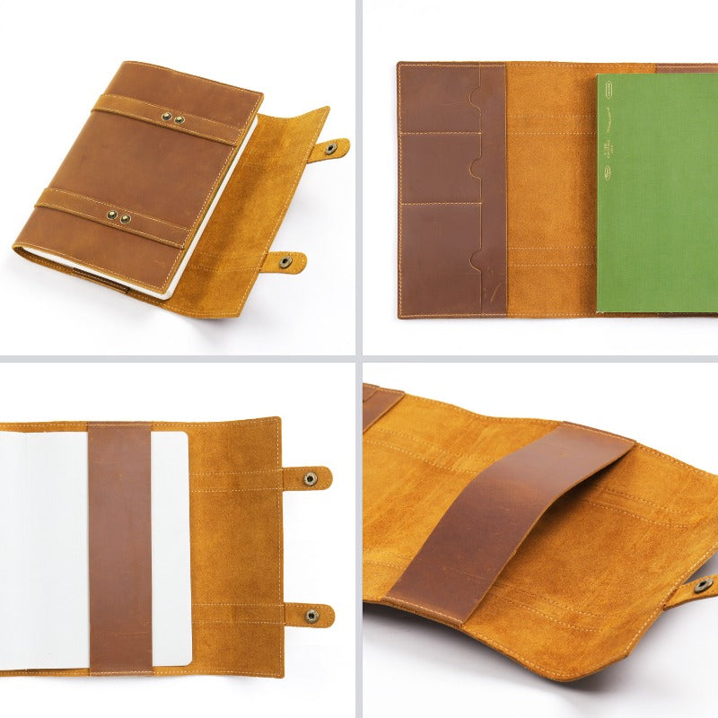 Wholesale A5 Fixed Page First Layer Cowhide Retro Snap Button with Card Slot Inside Notebook