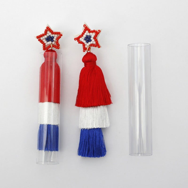 Wholesale American Flag Hand-woven Red, Blue and White Tassel Earrings