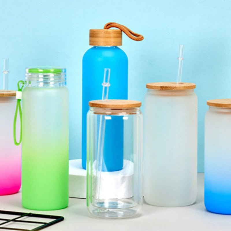Wholesale Sublimation 16oz Thermal Transfer Frosted Gradient Bamboo Lid Glass