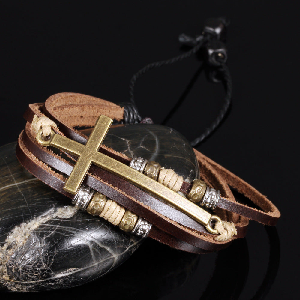 Wholesale Vintage Cross Men's Beaded Leather Bracelet