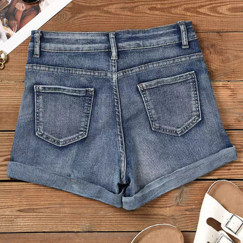 Wholesale Distressed Burr Edge Zipper Pockets Denim Shorts