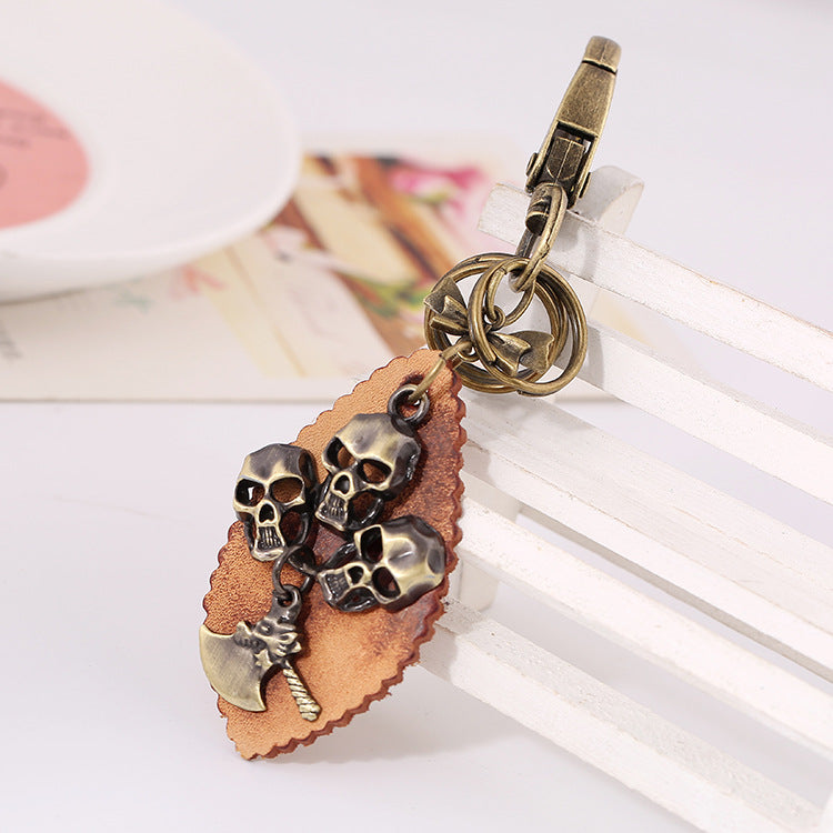Wholesale Leather Retro Punk Bronze Skull Keychain