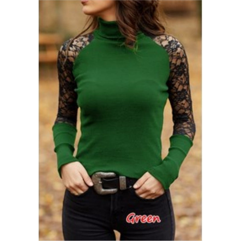 Wholesale Cotton Women's High Neck Lace Patchwork Long Sleeved T-shirts