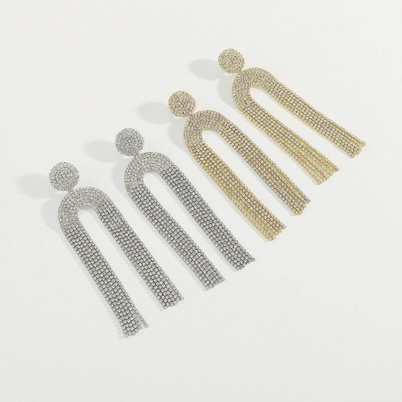 Wholesale U-shaped Full Diamond Tassel Earrings