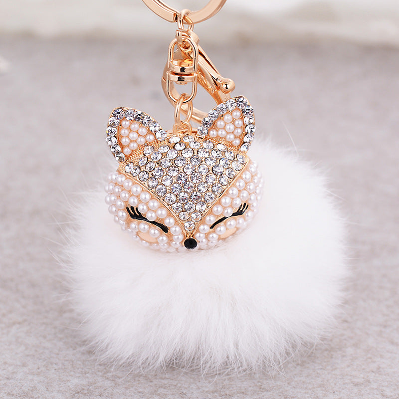 Wholesale Diamond Fox Head Rabbit Hair Hairball Zinc Alloy Keychains