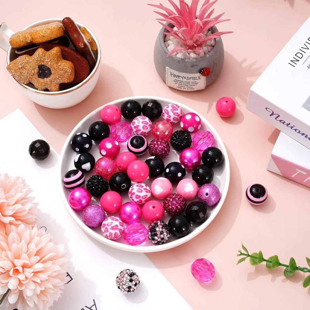 Wholesale Whaline 50Pcs Preppy Bubblegum Beads Pink Girl Spacer Bead 20mm Pink Black Leopard Heart Chunky Beads Set Jumbo Plastic Beads for Jewelry Making Boutique DIY Craft Supplies