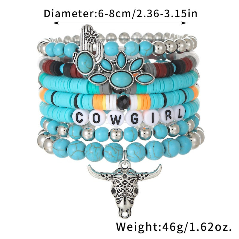 Wholesale Ethnic Style Bullhead Cactus Multi Layer Western Cowboy Turquoise Elastic Bracelet