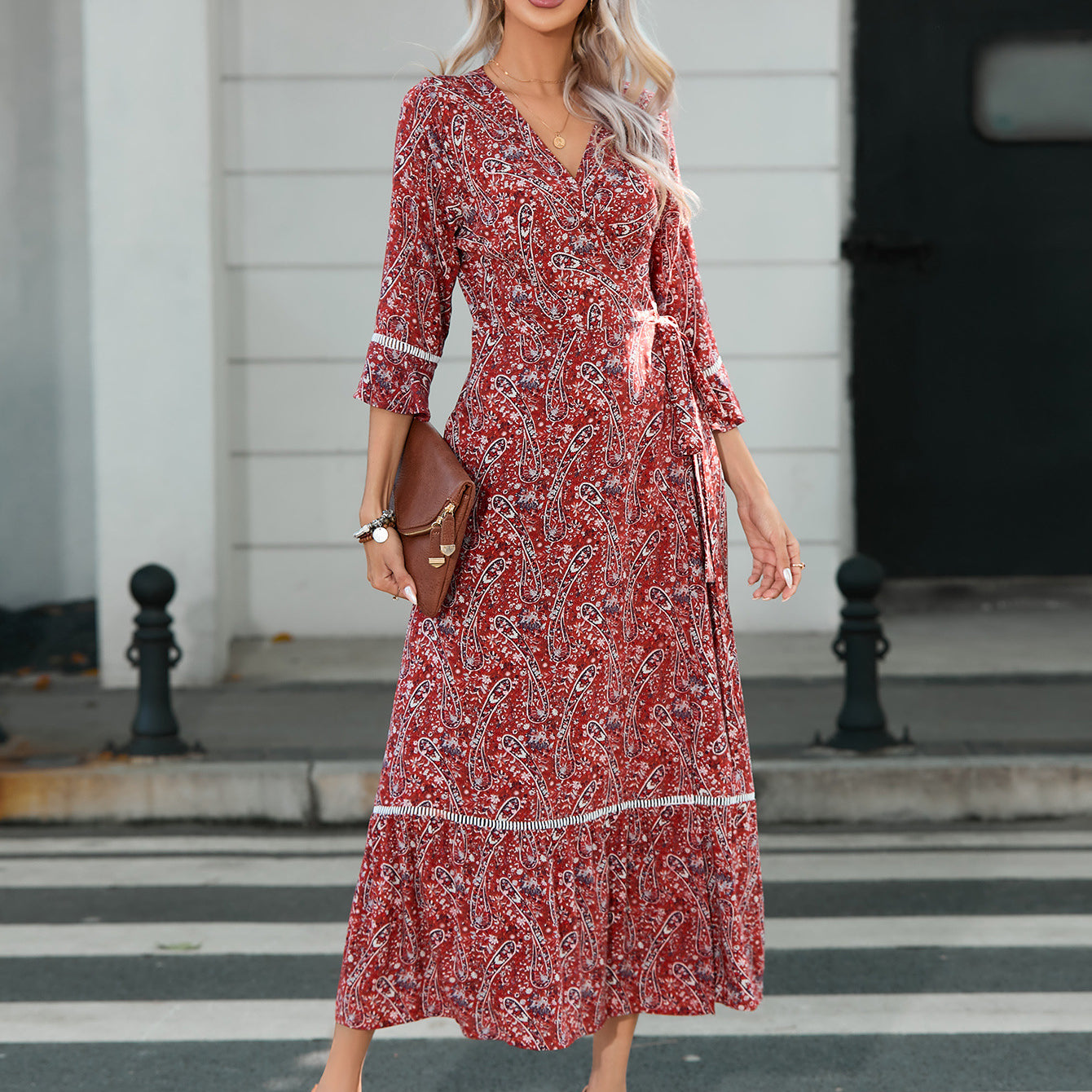 Wholesale Cotton Hollowed Out Lace V-neck 3/4 Sleeve Tie Waist Dress