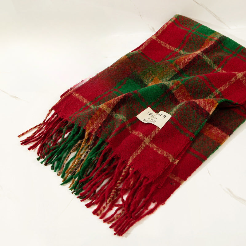 Wholesale Christmas Red Imitation Cashmere Thickened Warm Plaid Scarf