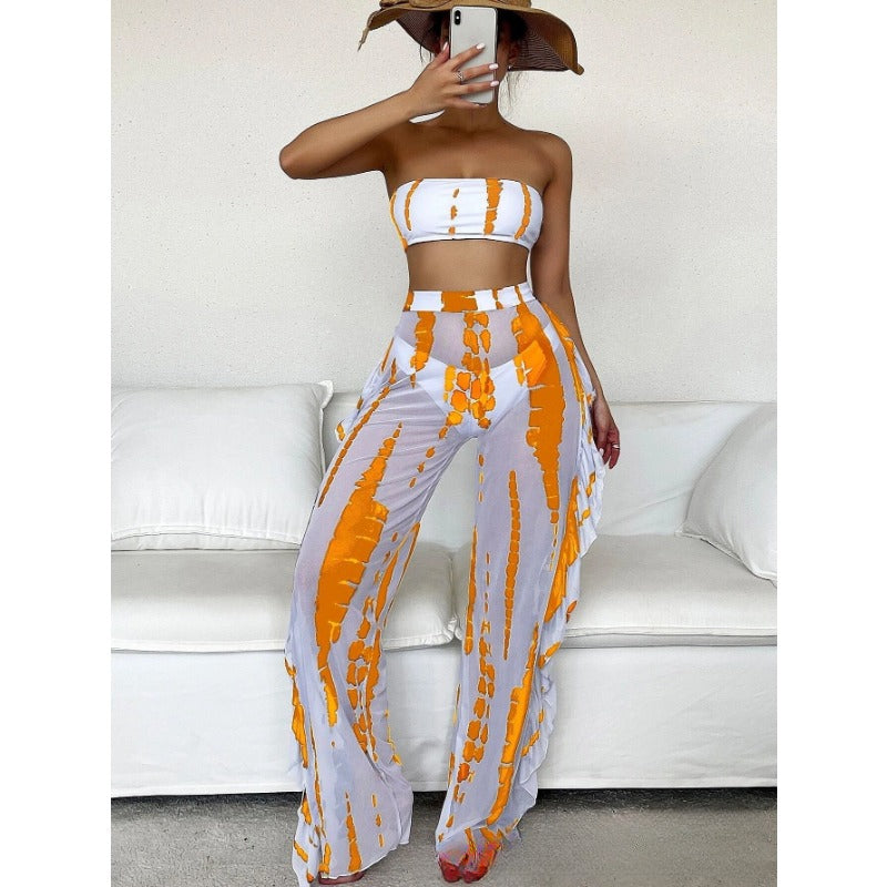 Wholesale Polyester Strapless Printed Women's Split Swimsuit Three Piece Set