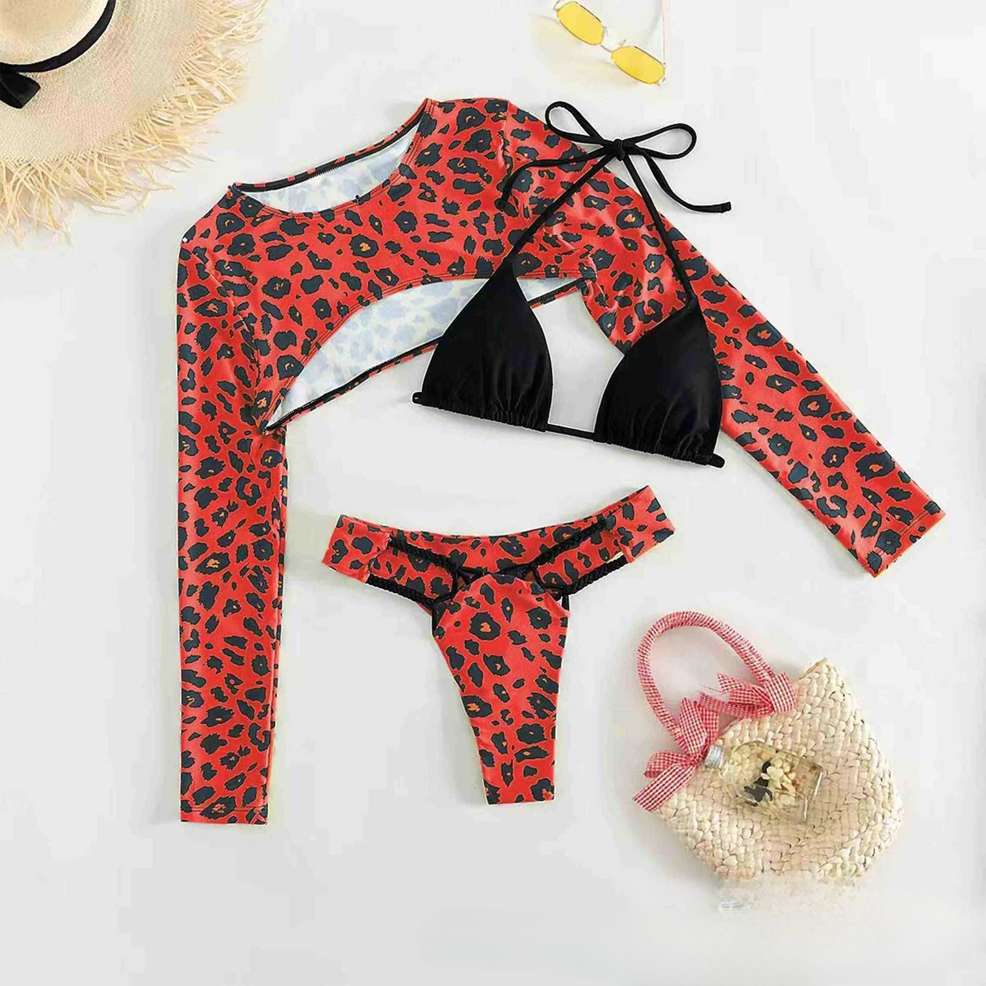 Wholesale Bikini Braided Rope Leopard Print Long Sleeve Sunscreen Shirt Three-Piece Set Swimwear