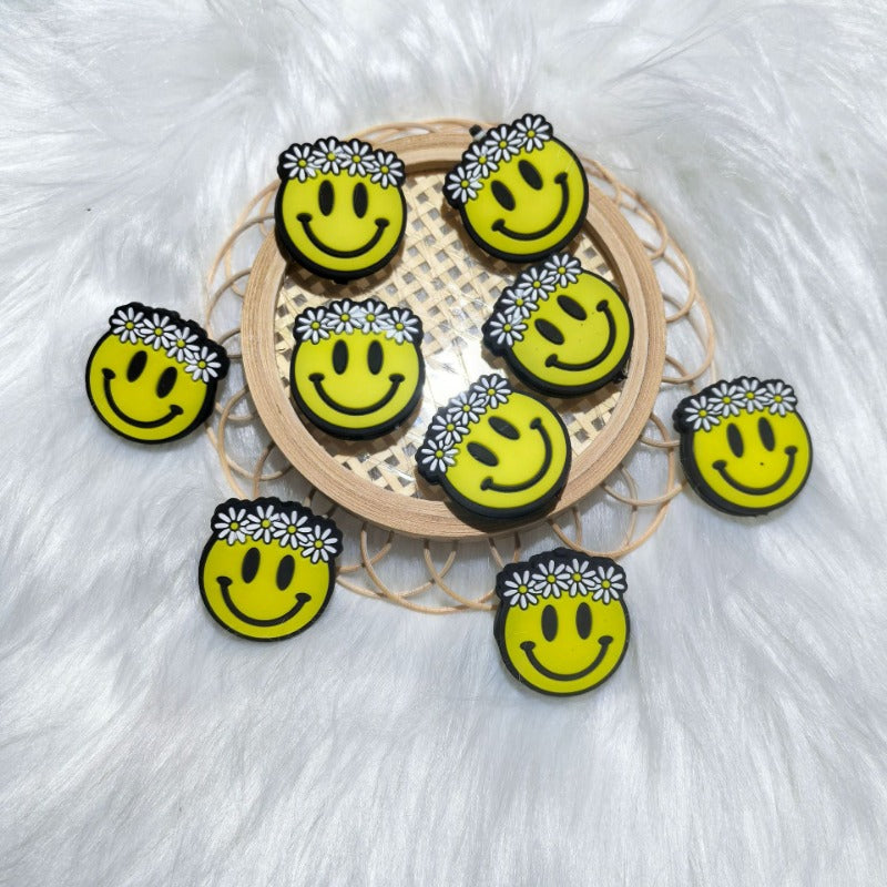 Wholesale 2D smiley face flower silicone cartoon beads 10pcs/pack