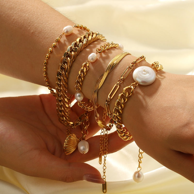 Wholesale Double Layer Flat Snake Pearl Style Gold Plated Shell Cuban Chain Bracelet