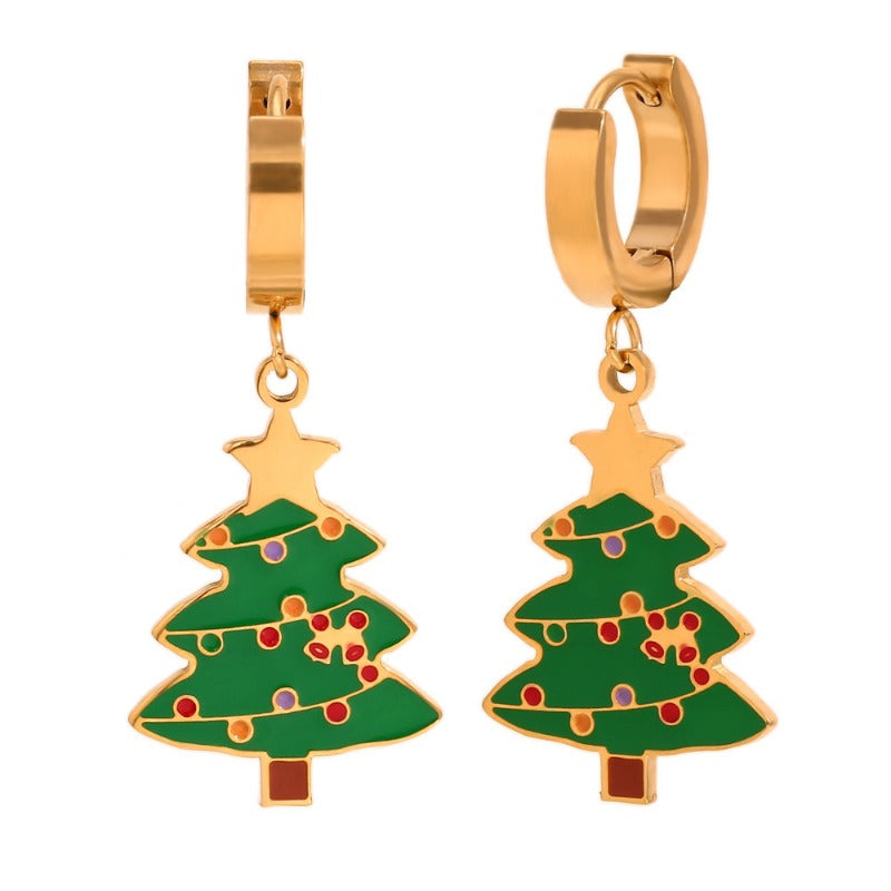 Wholesale Cute Cartoon Santa Claus Oil Dripping Stainless Steel 18K Gold Plated Sleigh Christmas Tree Earrings
