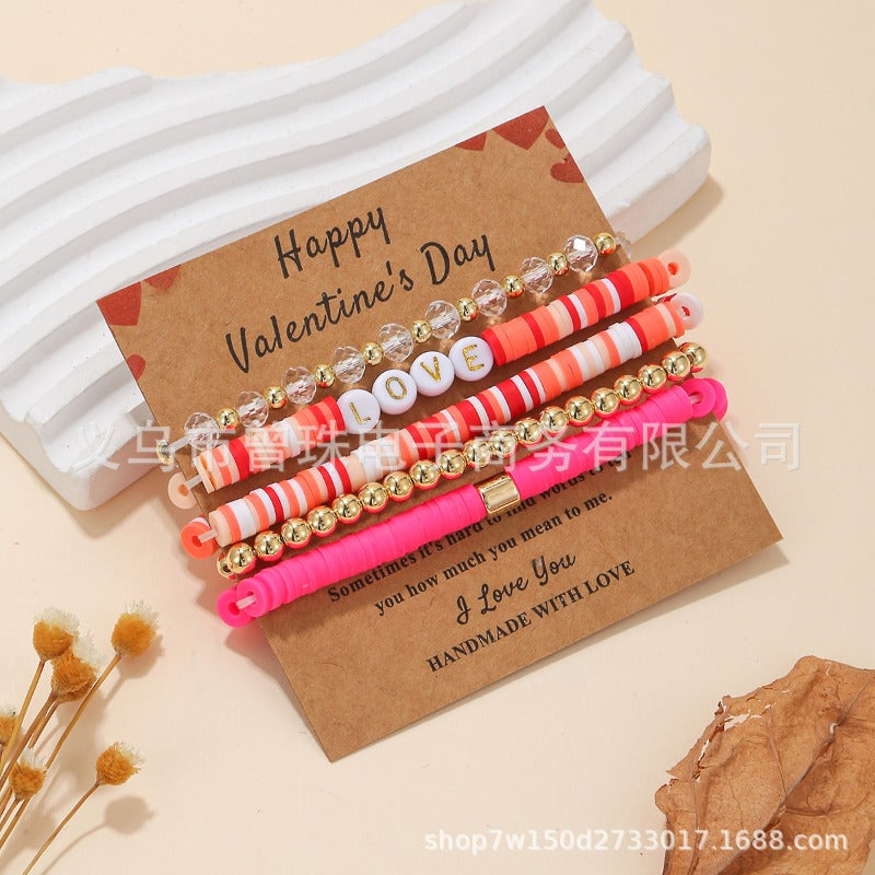 Wholesale Valentine's Day Multi layered Pink Love Soft Ceramic Bead Elastic Bracelet