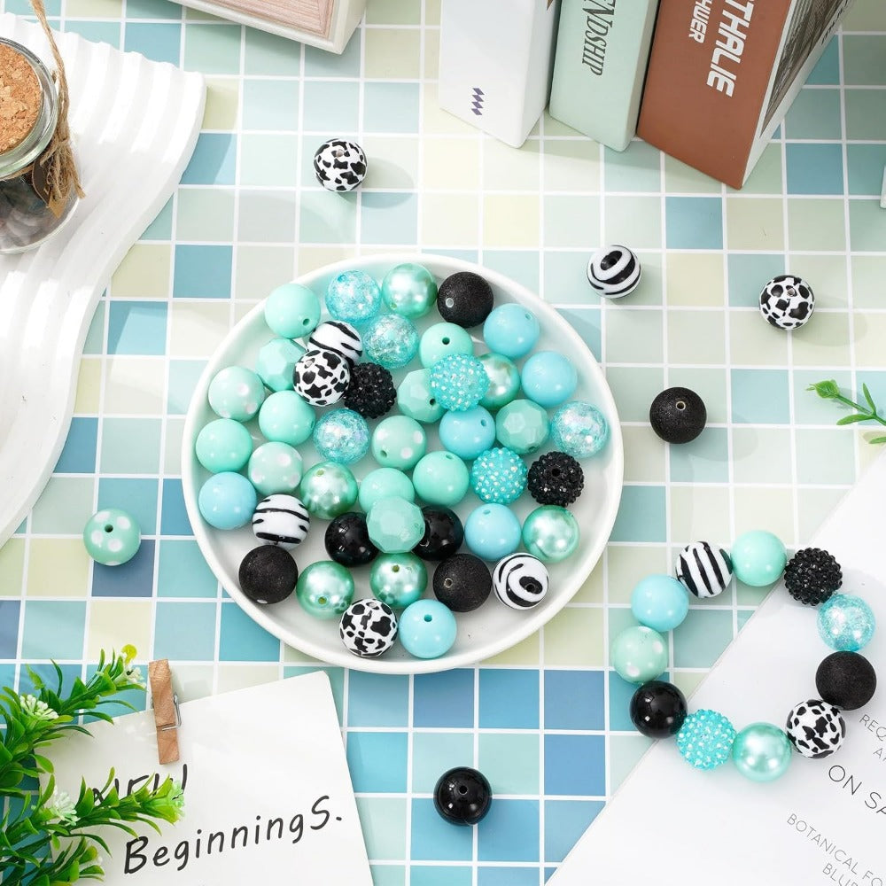 Wholesale Whaline 50Pcs 20mm Cow Theme Beads 12 Styles Mixed Bubblegum Beads Set Green Black Spacer Bead Chunky Beads Jumbo Plastic Beads for Crafts and Jewelry Making Boutique Craft Supplies