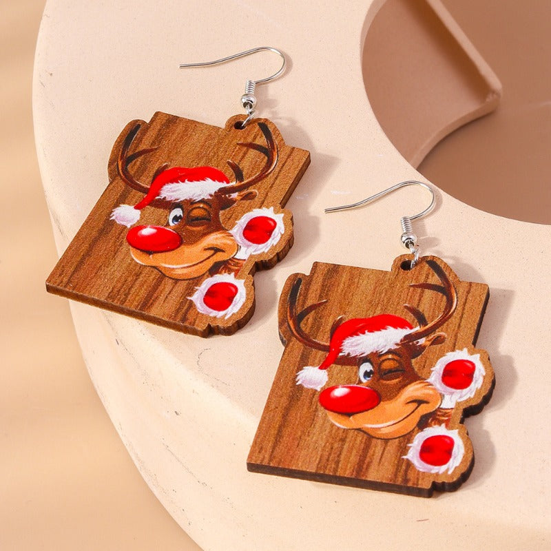 Wholesale Christmas Cartoon Cute Santa Claus Elk Wooden Earrings