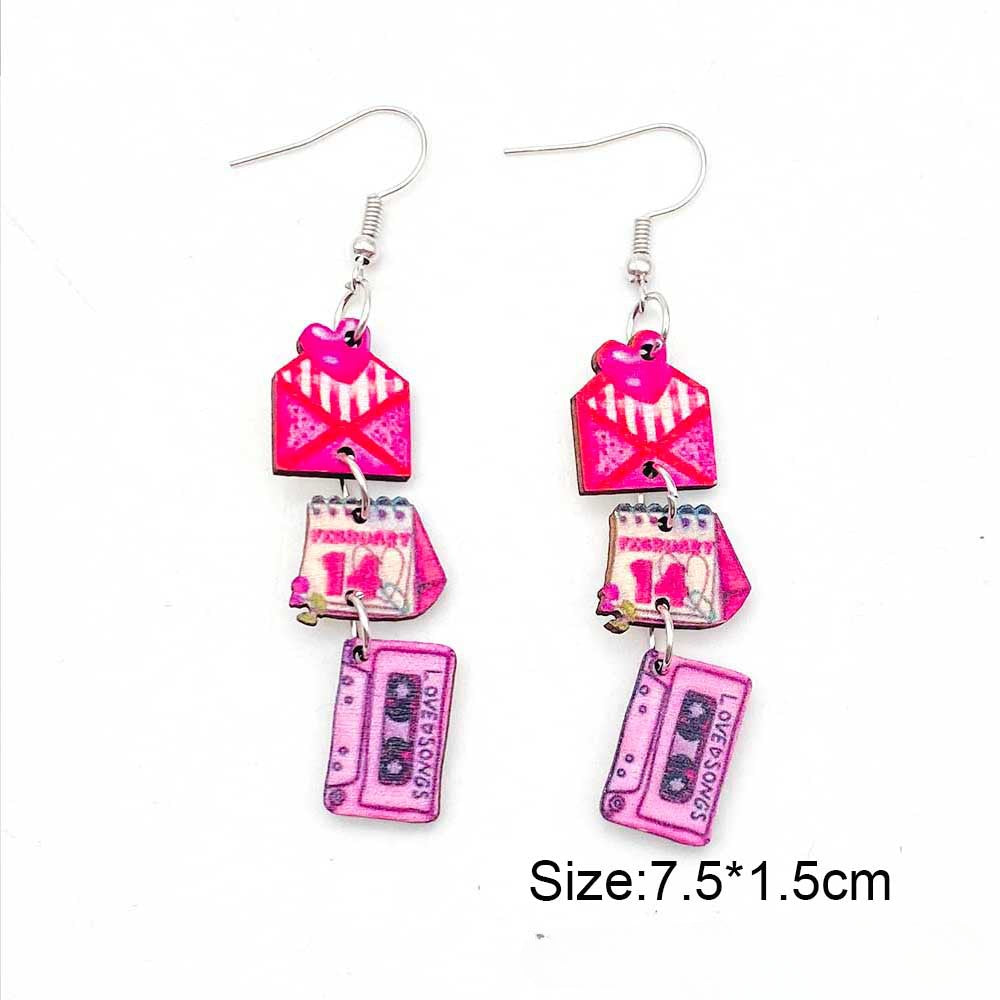 Wholesale Valentine's Day Pink Envelope Dwarf Rose Wooden Earrings