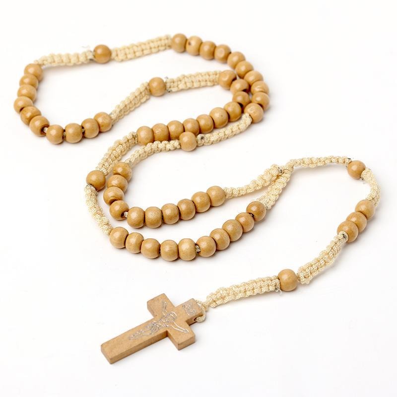 Wholesale Natural Wood Bead Cross Handmade Woven Necklace