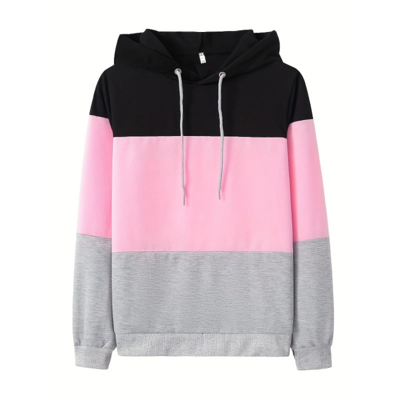 Wholesale Color Block Hooded Loose Long Sleeve Top Spring and Autumn Women's Sweatshirt Jacket