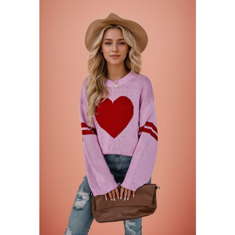 Wholesale Valentine's Day Contrast Color Heart Peach Round Neck Knit Sweater