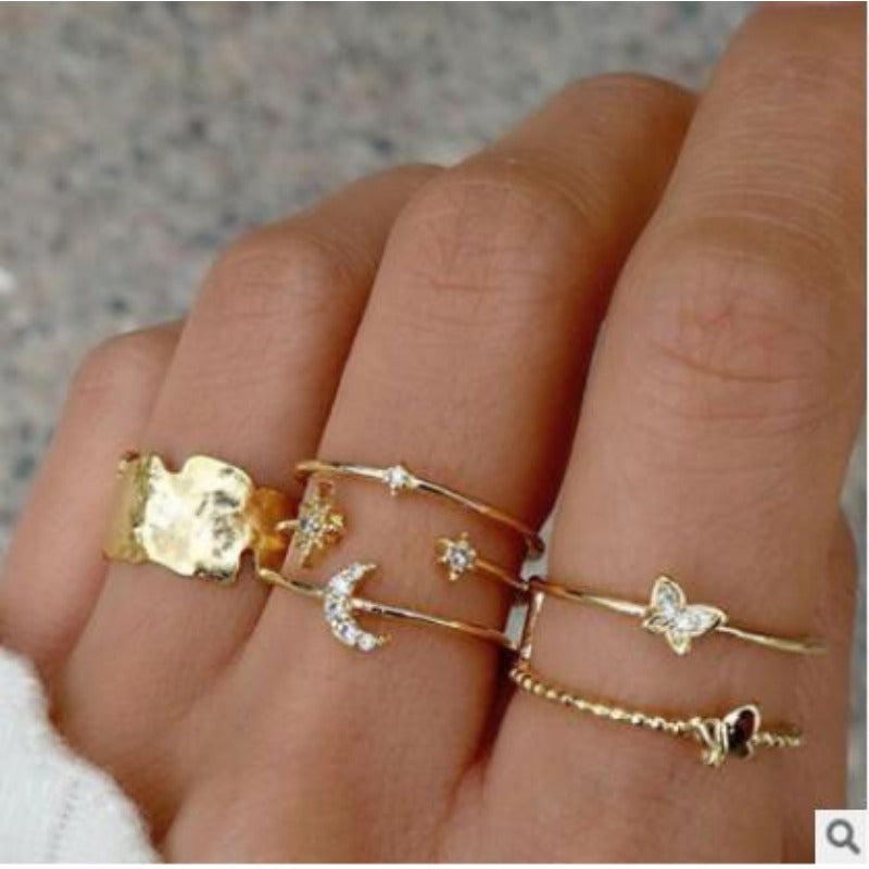 Wholesale of 8-piece Alloy Set with Full Diamond Butterfly Opening Rings