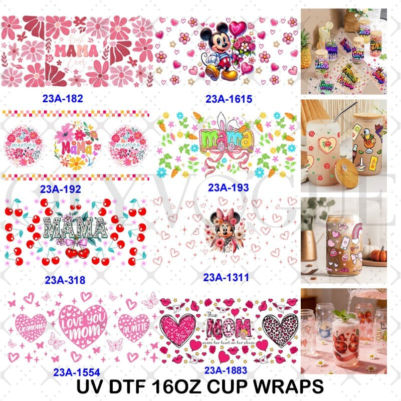 Wholesale 1pcs/5pcs Cute Cartoon Mother's Day Theme with Hearts and Cherry Blossoms 16oz Cup UV DTF Wraps OLY Exclusive