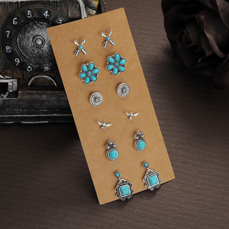 Wholesale Retro Ethnic Style Turquoise Flower Denim Cactus Alloy Earrings