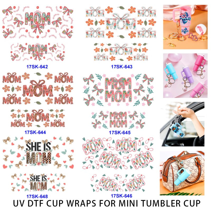Wholesale 2/4/8 Pcs Mother's Day Cute Cartoon Text Small Bow Flower UV DTF Wraps Mini Tumbler Cup Keychain Lipstick Holders