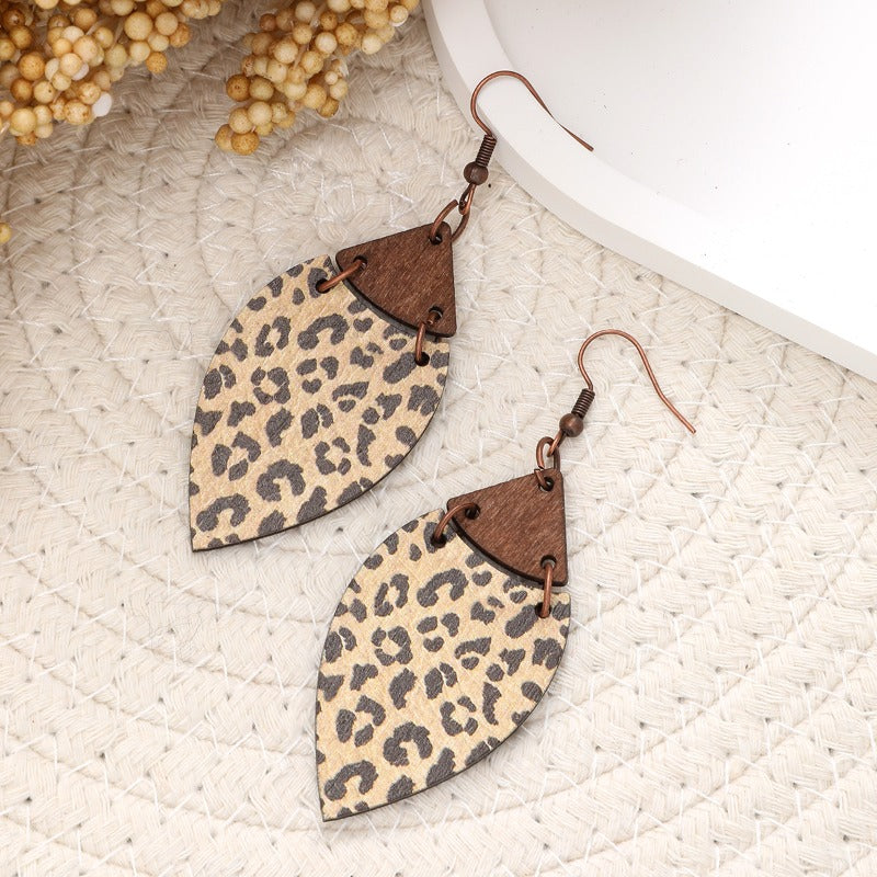 Wholesale Retro Leopard Leaf Splicing Woodblock Fashion Exaggerated Earrings
