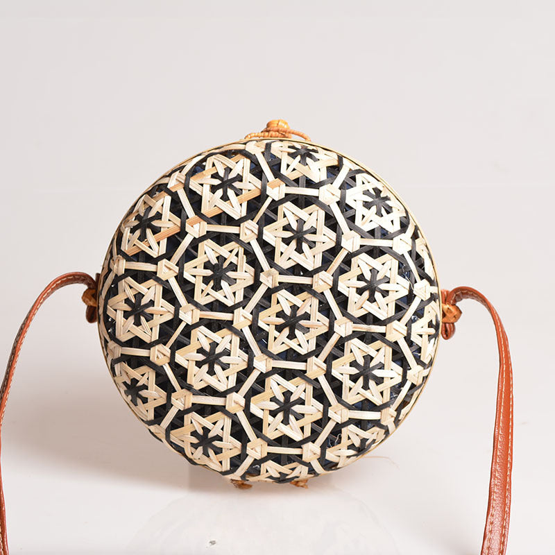 卸売手作り竹織花ラウンド籐バックルバッグ