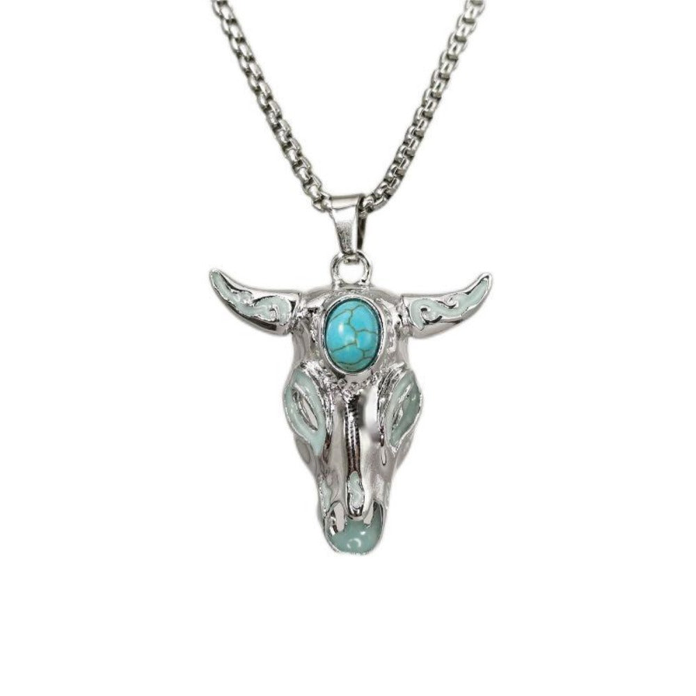 Wholesale Turquoise Skull Bull Head Stainless Steel Luminous Pendant Necklace