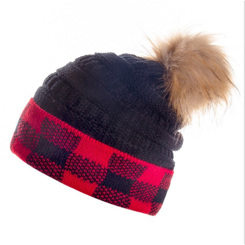 Wholesale Winter Warm Knitted Hats with Thickened Christmas Wool Balls, Black and White Plaid Acrylic Wool Hats