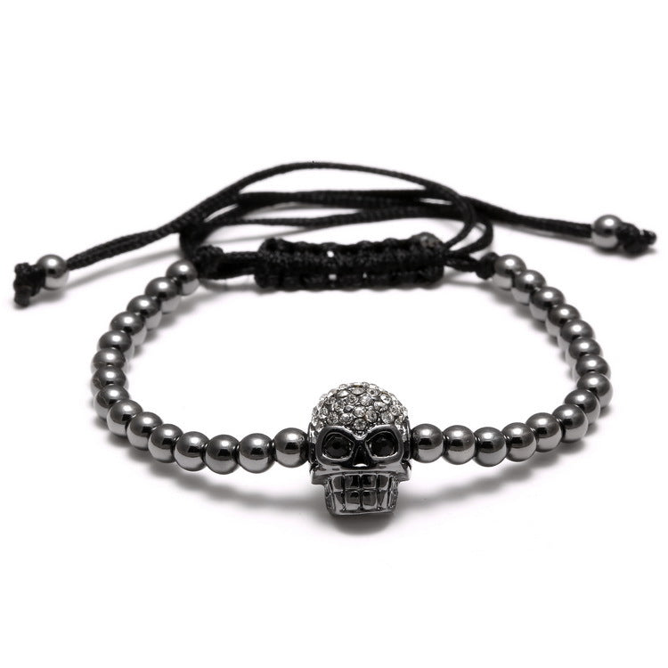 Wholesale Braided Zircon 4mm Copper Bead Skull Adjustable Bracelet