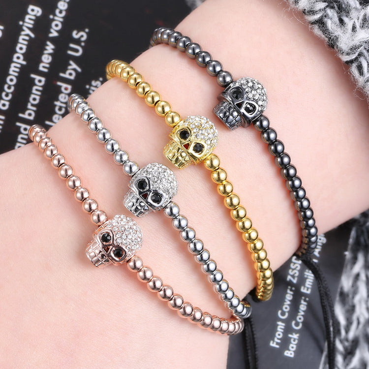 Wholesale Braided Zircon 4mm Copper Bead Skull Adjustable Bracelet